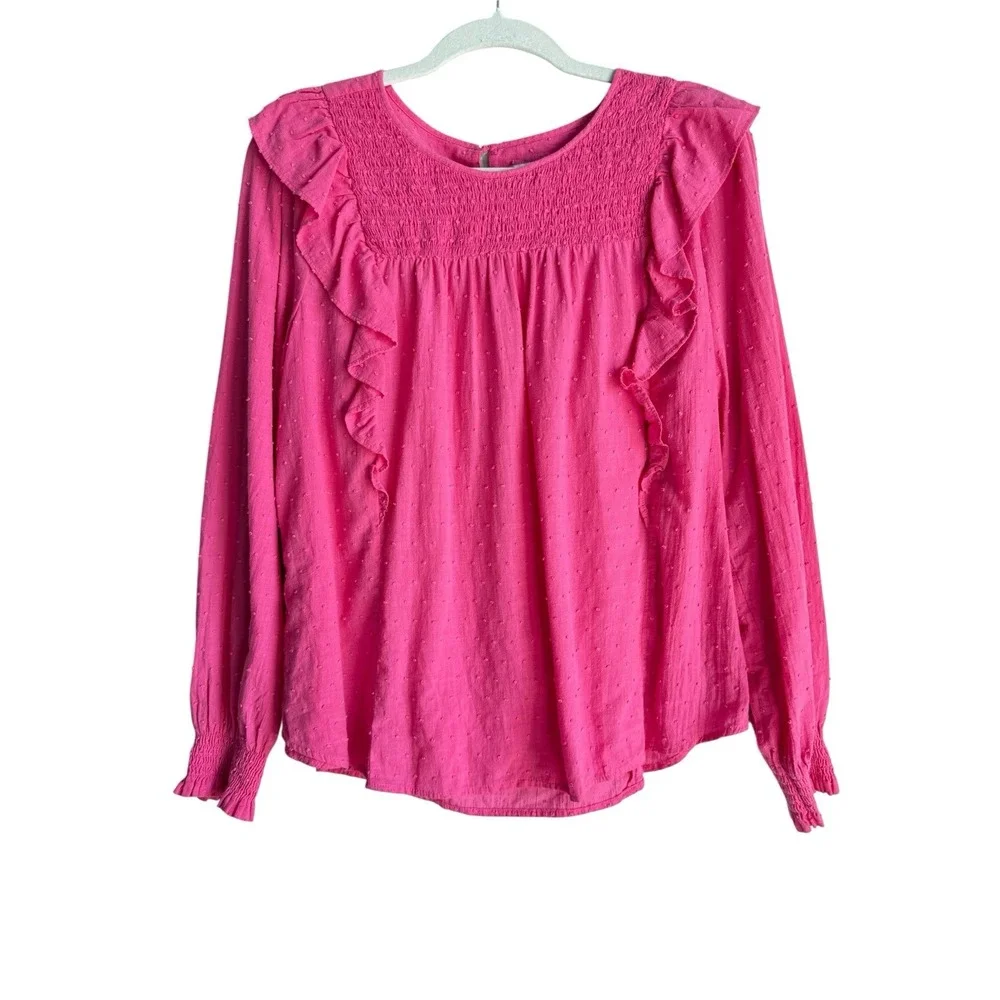 LOFT Women's Hot Pink Clip Smocked Dots Long Sleeve Ruffle Blouse Top Size Large